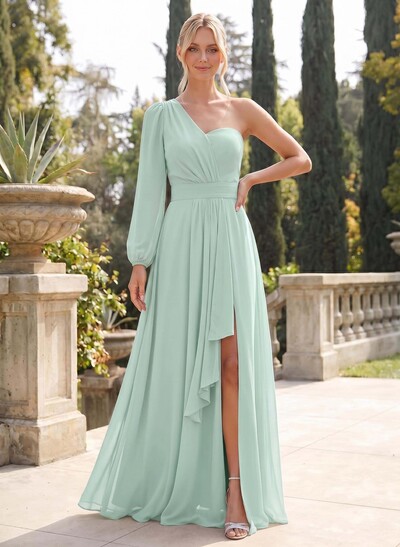 Classic A-Line One-Shoulder Long Sleeves Chiffon Bridesmaid Dresses With High Split