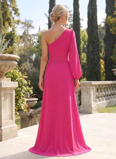Classic A-Line One-Shoulder Long Sleeves Chiffon Bridesmaid Dresses With High Split