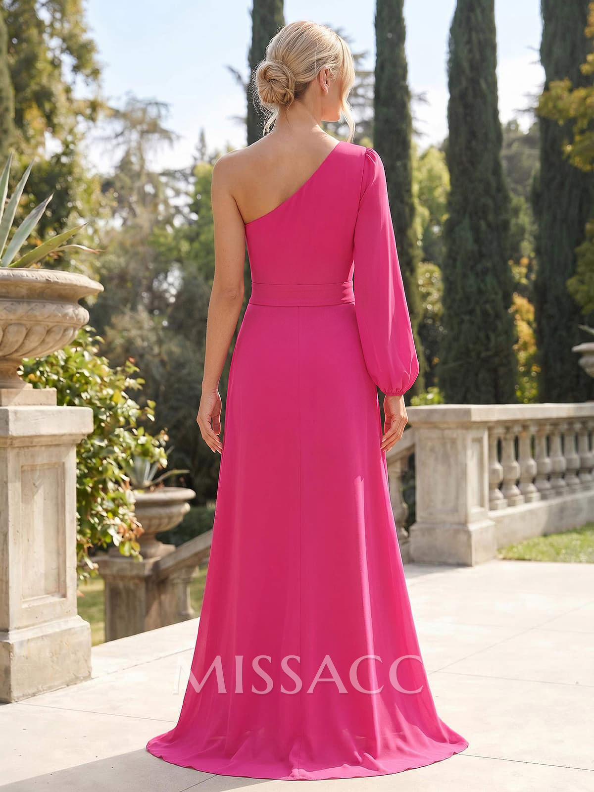 Classic A-Line One-Shoulder Long Sleeves Chiffon Bridesmaid Dresses With High Split