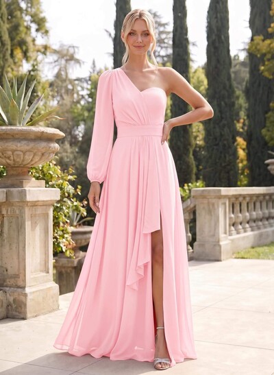 Classic A-Line One-Shoulder Long Sleeves Chiffon Bridesmaid Dresses With High Split