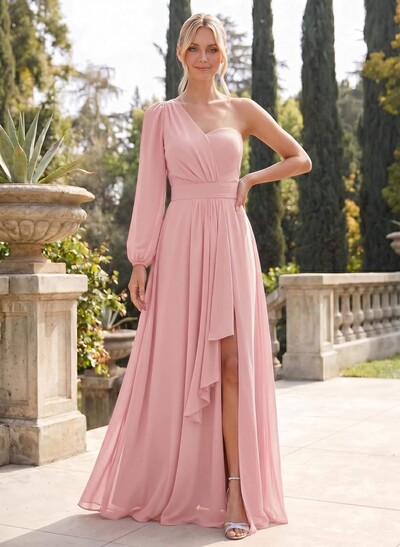 Classic A-Line One-Shoulder Long Sleeves Chiffon Bridesmaid Dresses With High Split