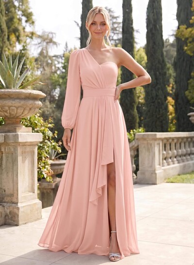 Classic A-Line One-Shoulder Long Sleeves Chiffon Bridesmaid Dresses With High Split