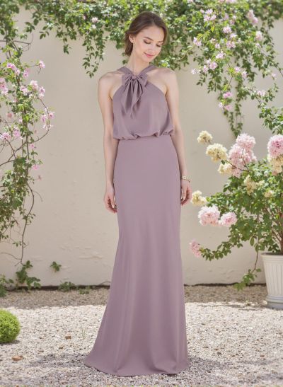 Elegant Bow Accented Halter Chiffon Bridesmaid Dresses