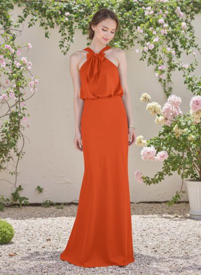 Elegant Bow Accented Halter Chiffon Bridesmaid Dresses