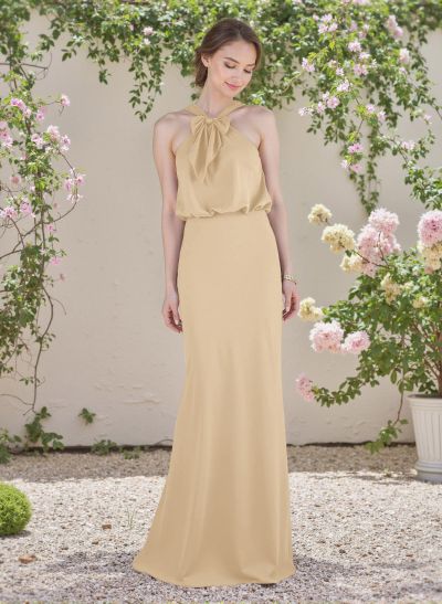 Elegant Bow Accented Halter Chiffon Bridesmaid Dresses