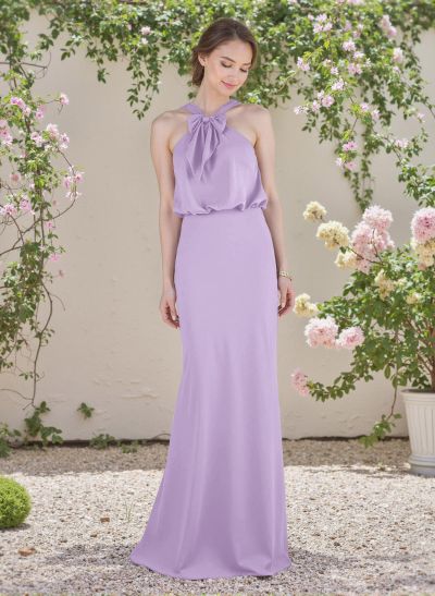 Elegant Bow Accented Halter Chiffon Bridesmaid Dresses