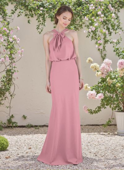 Elegant Bow Accented Halter Chiffon Bridesmaid Dresses
