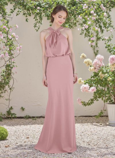 Elegant Bow Accented Halter Chiffon Bridesmaid Dresses