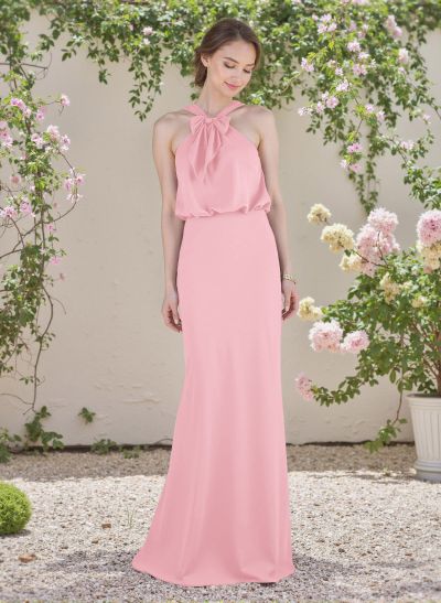 Elegant Bow Accented Halter Chiffon Bridesmaid Dresses
