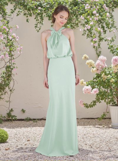 Elegant Bow Accented Halter Chiffon Bridesmaid Dresses