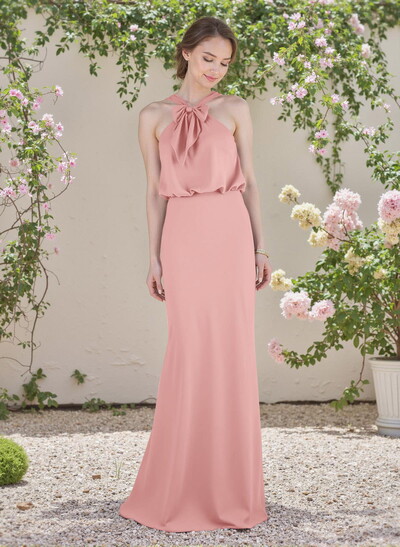Elegant Bow Accented Halter Chiffon Bridesmaid Dresses