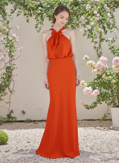 Elegant Bow Accented Halter Chiffon Bridesmaid Dresses