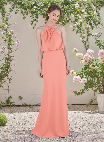 Elegant Bow Accented Halter Chiffon Bridesmaid Dresses