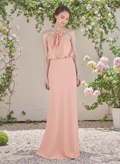 Elegant Bow Accented Halter Chiffon Bridesmaid Dresses