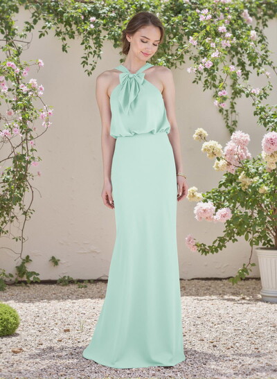 Elegant Bow Accented Halter Chiffon Bridesmaid Dresses