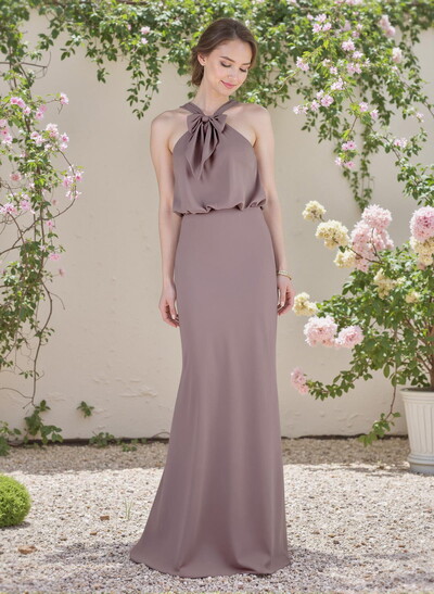 Elegant Bow Accented Halter Chiffon Bridesmaid Dresses