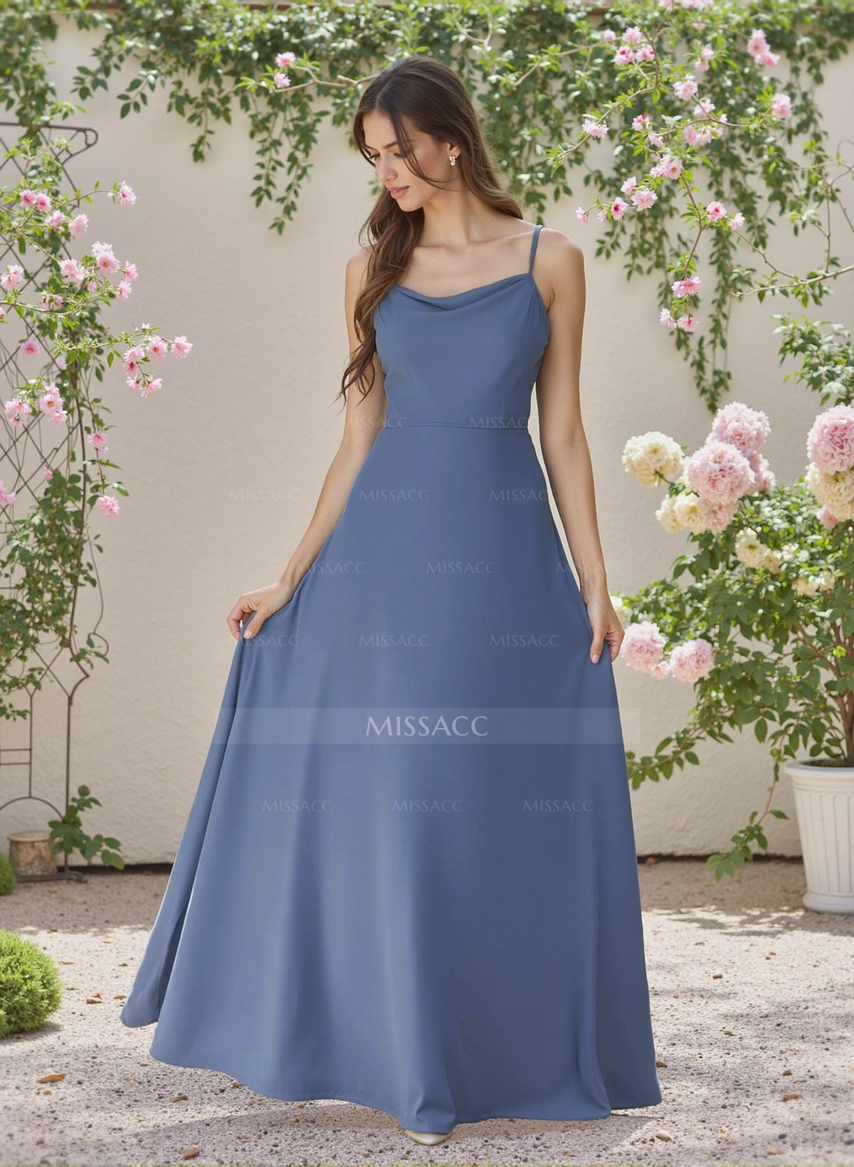 Minimalistic A-Line Cowl Neck Spaghetti Straps Chiffon Bridesmaid Dresses