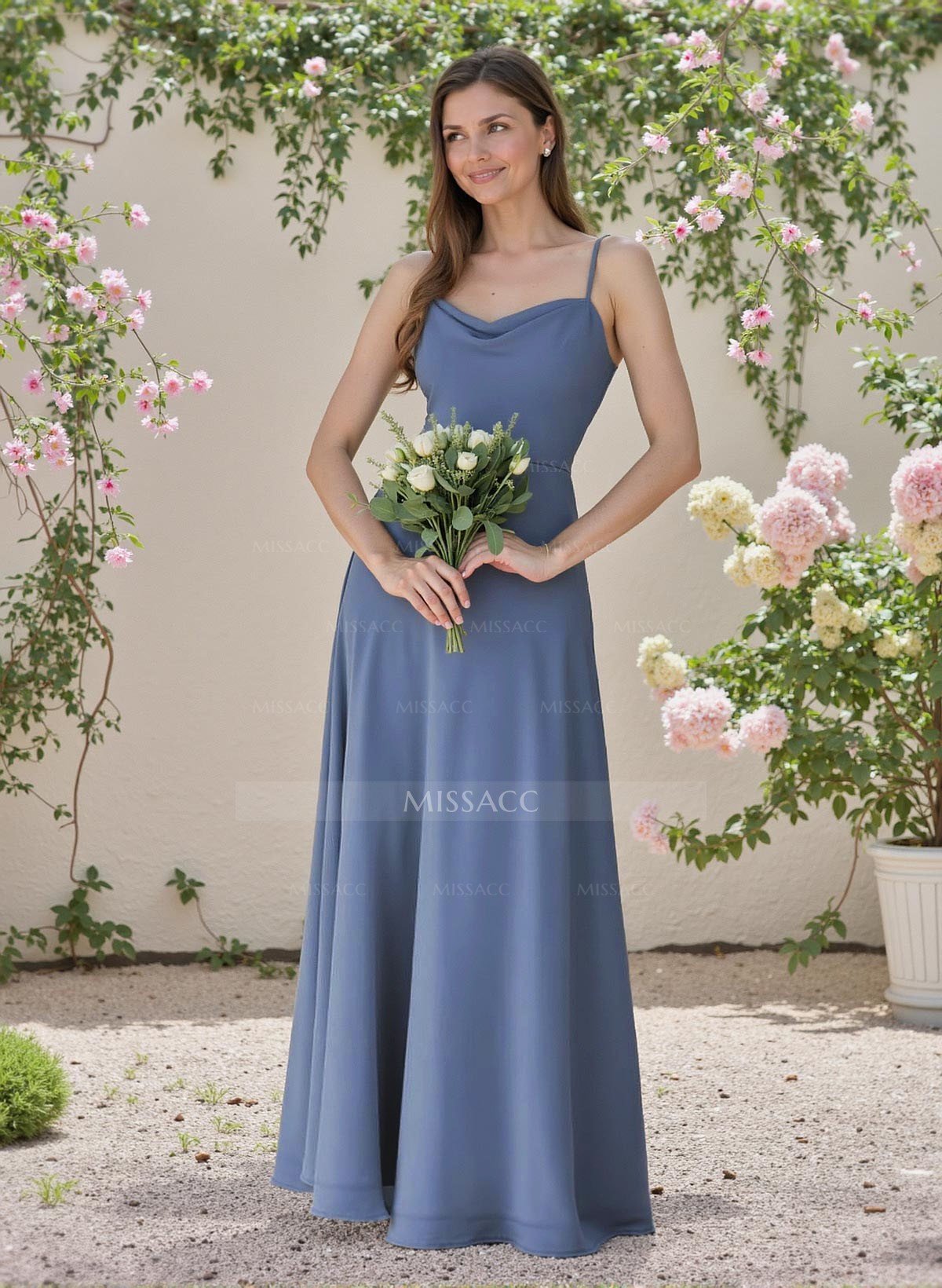 Minimalistic A-Line Cowl Neck Spaghetti Straps Chiffon Bridesmaid Dresses