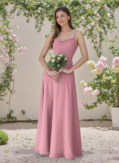 Minimalistic A-Line Cowl Neck Spaghetti Straps Chiffon Bridesmaid Dresses