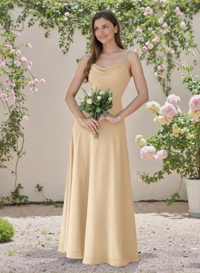 Minimalistic A-Line Cowl Neck Spaghetti Straps Chiffon Bridesmaid Dresses