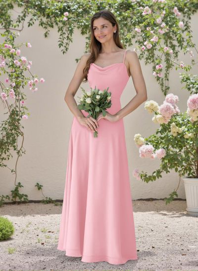 Minimalistic A-Line Cowl Neck Spaghetti Straps Chiffon Bridesmaid Dresses