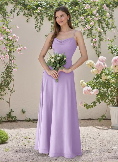 Minimalistic A-Line Cowl Neck Spaghetti Straps Chiffon Bridesmaid Dresses