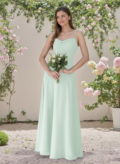 Minimalistic A-Line Cowl Neck Spaghetti Straps Chiffon Bridesmaid Dresses