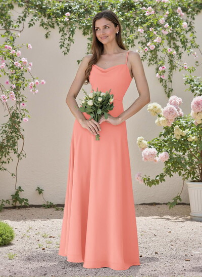 Minimalistic A-Line Cowl Neck Spaghetti Straps Chiffon Bridesmaid Dresses