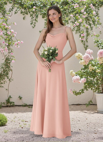 Minimalistic A-Line Cowl Neck Spaghetti Straps Chiffon Bridesmaid Dresses