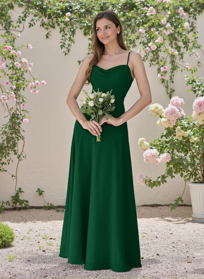Minimalistic A-Line Cowl Neck Spaghetti Straps Chiffon Bridesmaid Dresses