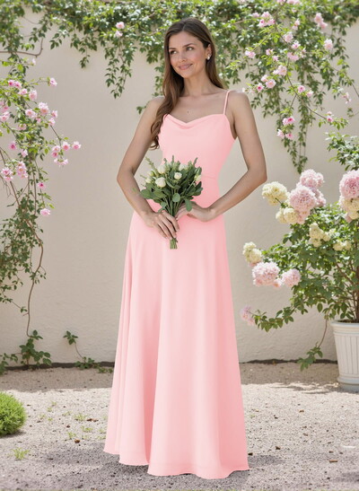 Minimalistic A-Line Cowl Neck Spaghetti Straps Chiffon Bridesmaid Dresses