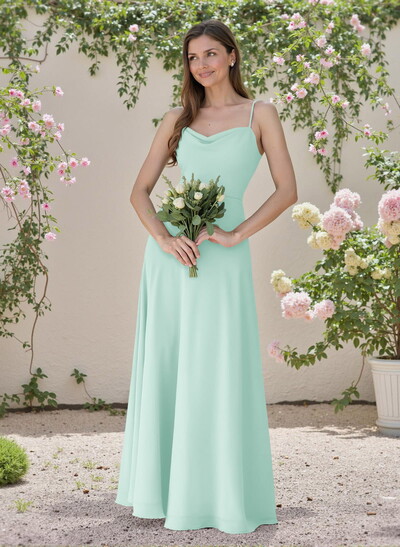 Minimalistic A-Line Cowl Neck Spaghetti Straps Chiffon Bridesmaid Dresses