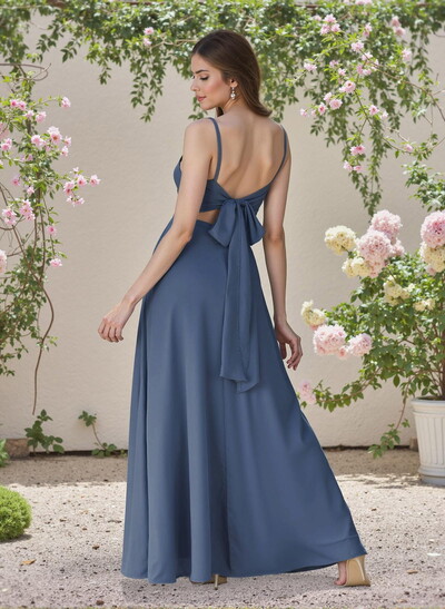 Minimalistic A-Line Cowl Neck Spaghetti Straps Chiffon Bridesmaid Dresses