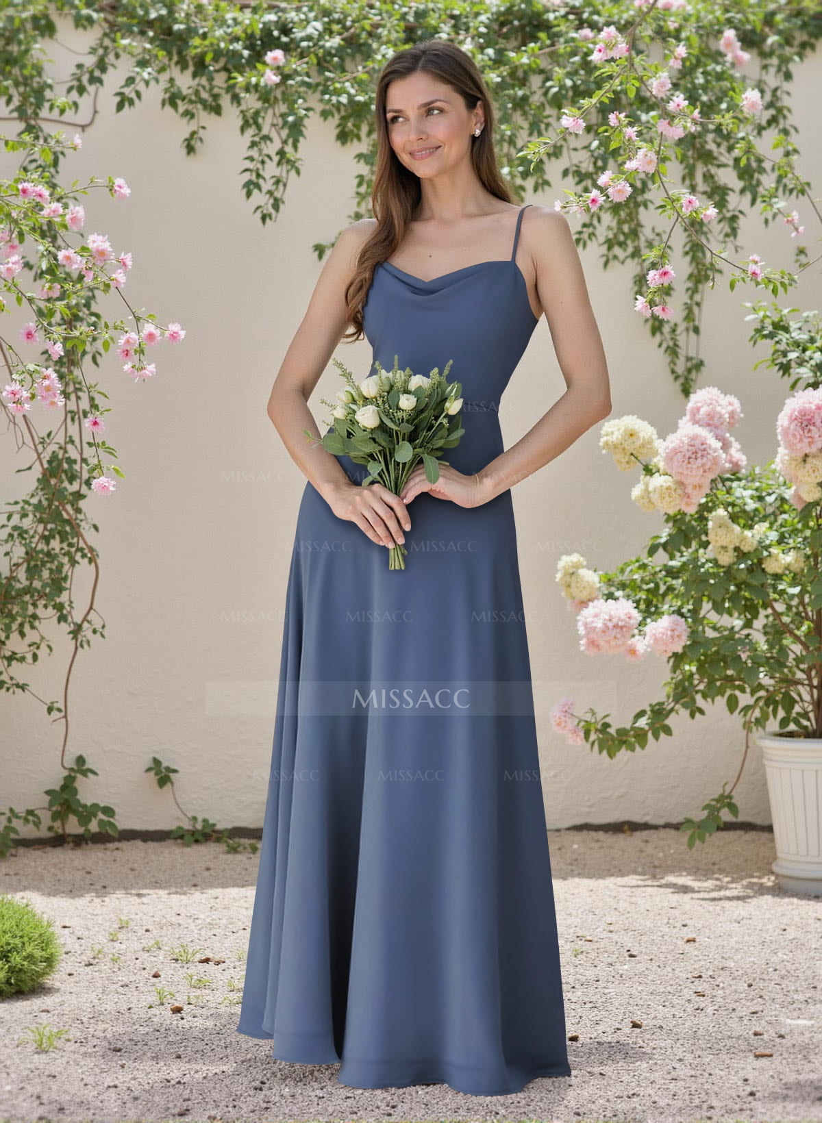 Minimalistic A-Line Cowl Neck Spaghetti Straps Chiffon Bridesmaid Dresses