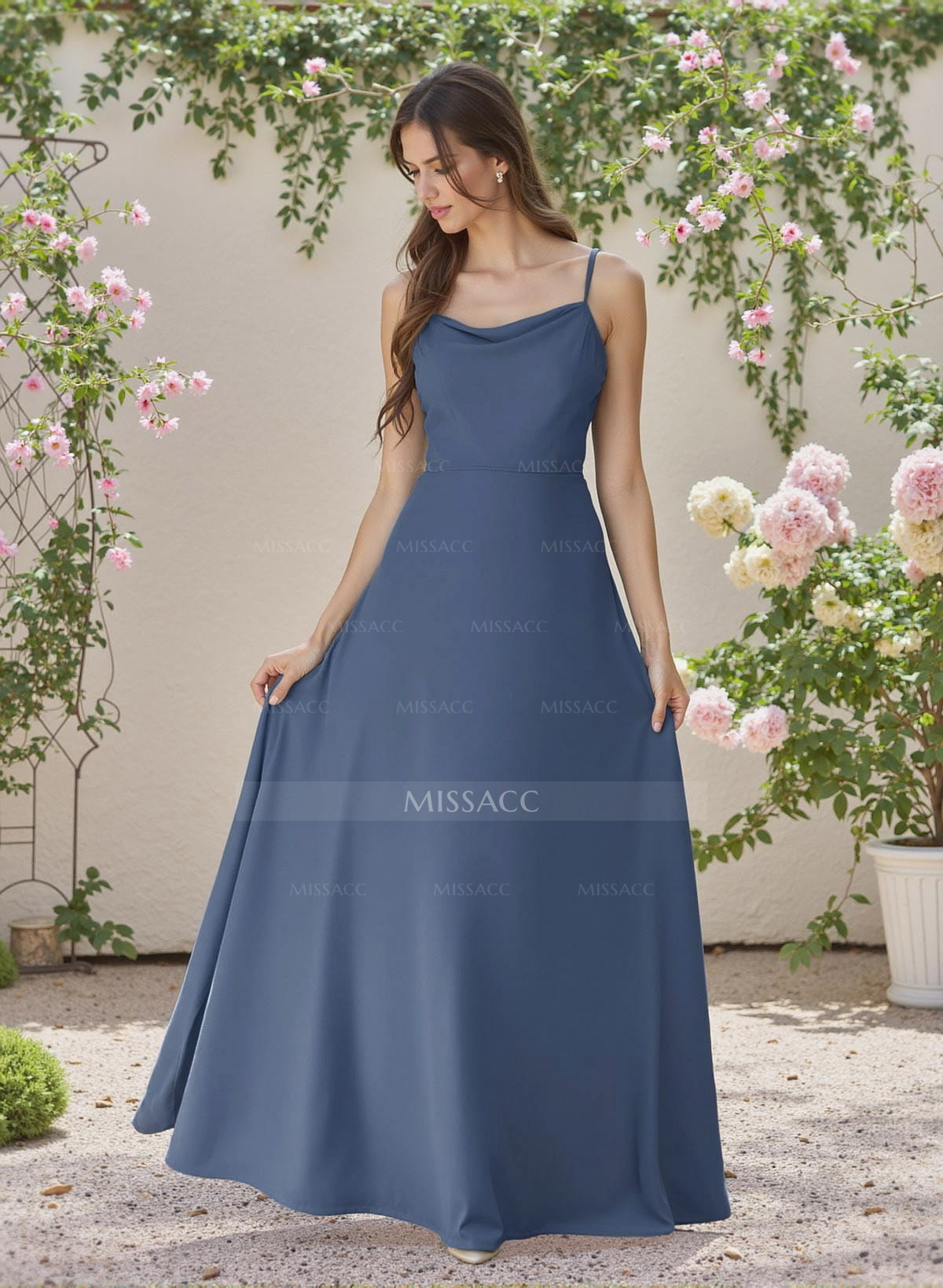 Minimalistic A-Line Cowl Neck Spaghetti Straps Chiffon Bridesmaid Dresses