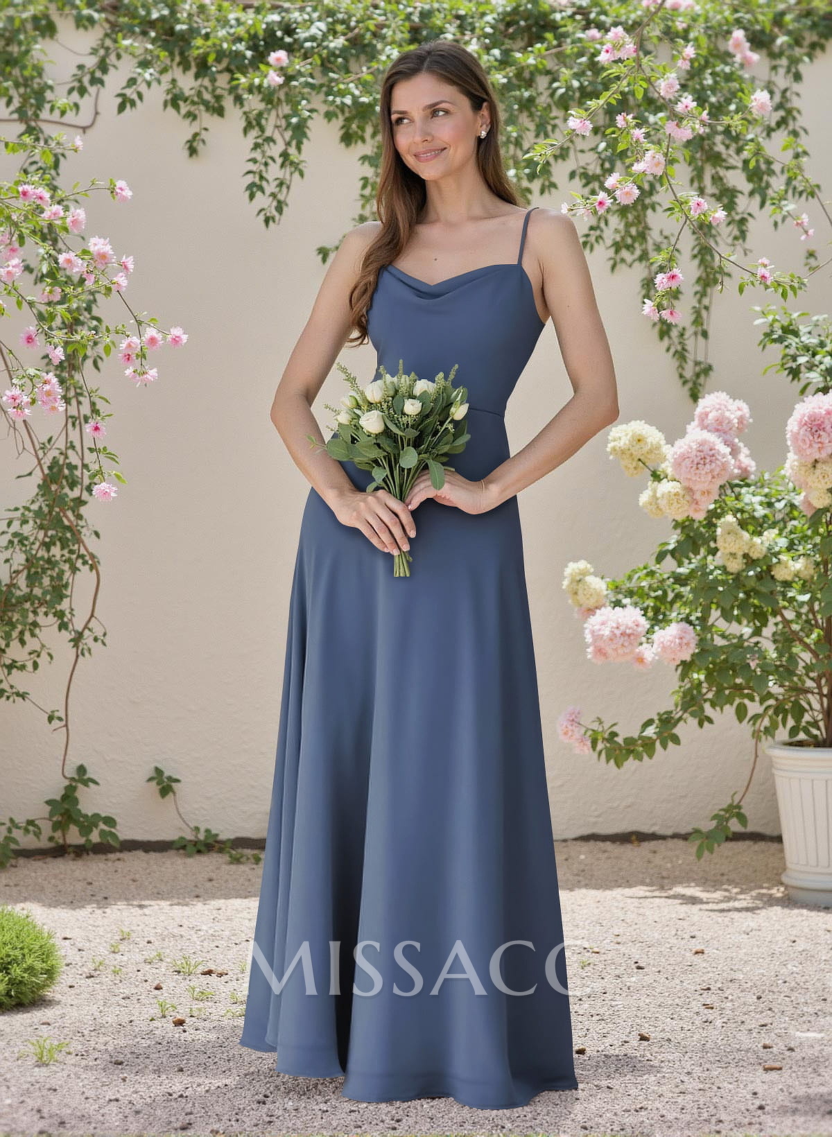 Minimalistic A-Line Cowl Neck Spaghetti Straps Chiffon Bridesmaid Dresses