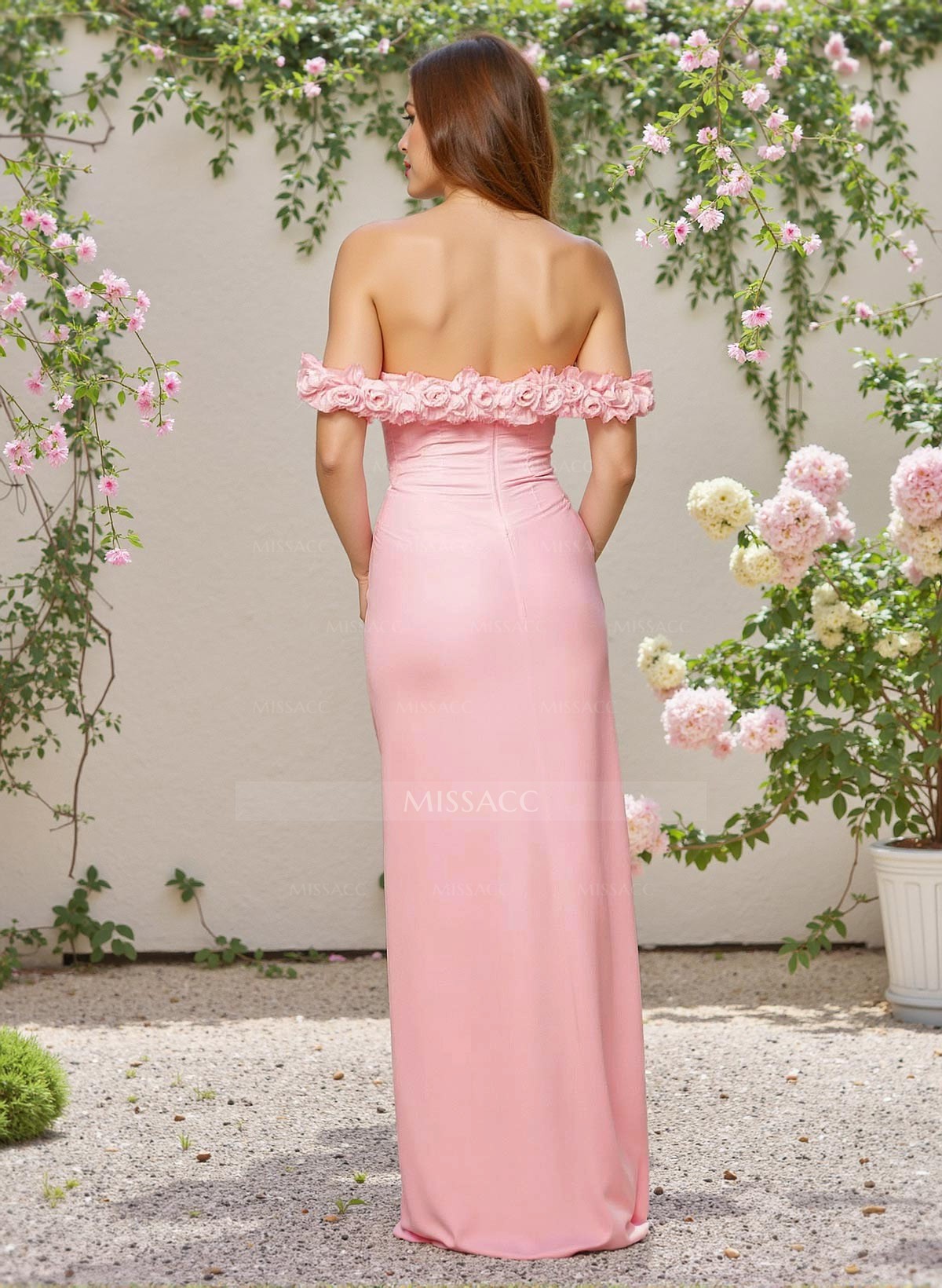 Exquisite 3D Floral Off-The-Shoulder Chiffon Bridesmaid Dresses With High Split