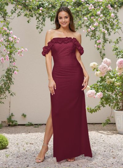 Exquisite 3D Floral Off-The-Shoulder Stretch Chiffon Bridesmaid Dresses With High Split