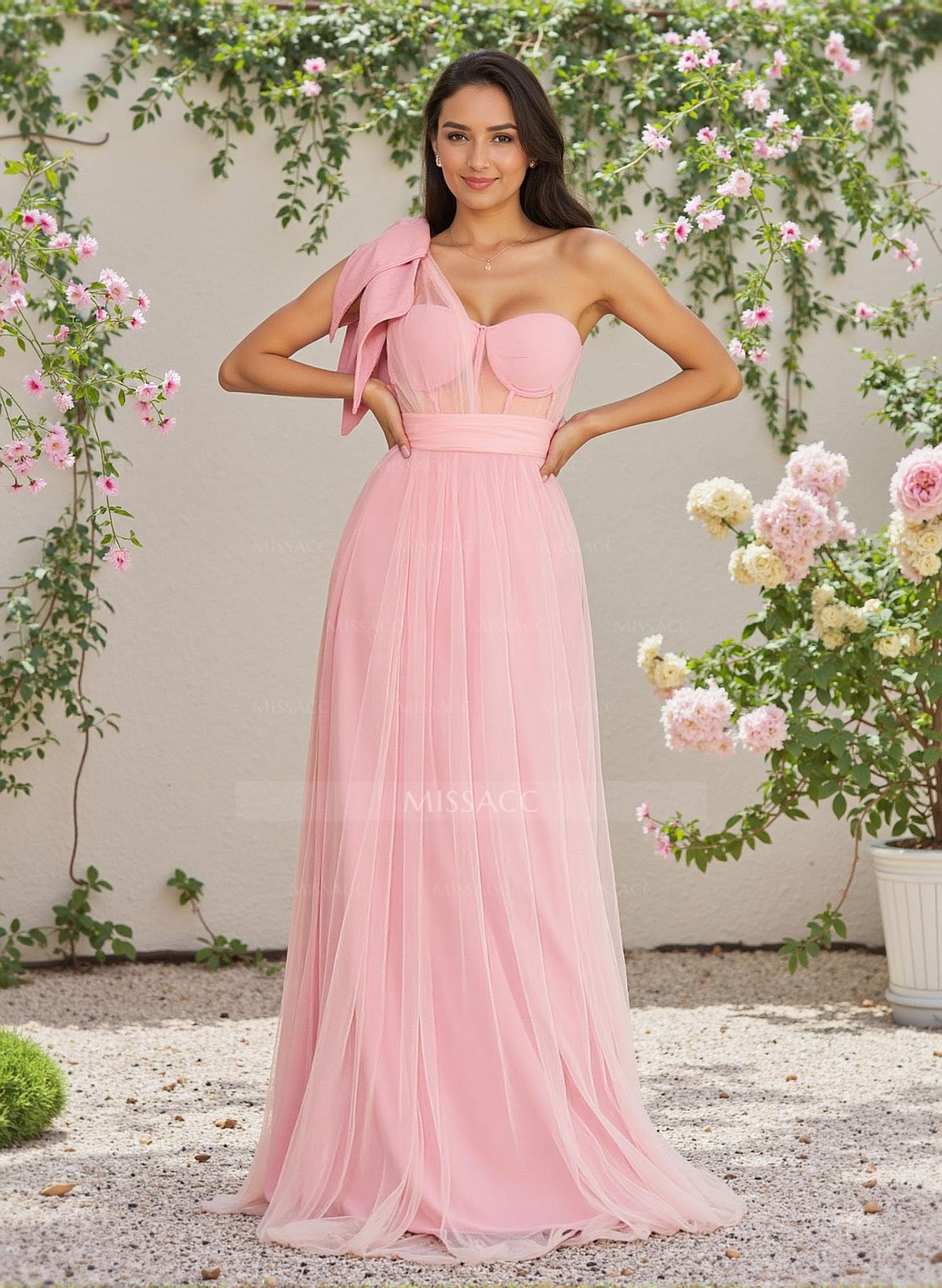 Exquisite A-Line One-Shoulder Chiffon/Tulle Bridesmaid Dresses With Bow(s)