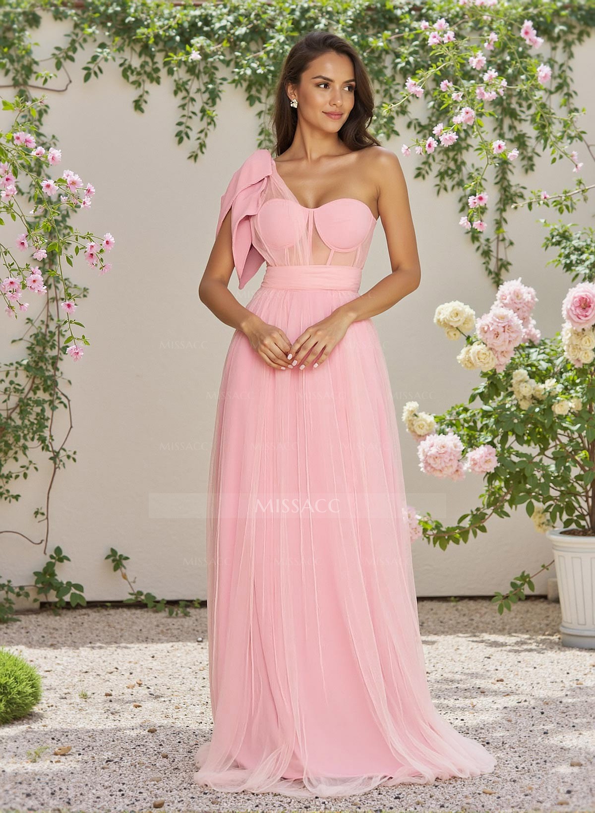 Exquisite A-Line One-Shoulder Chiffon/Tulle Bridesmaid Dresses With Bow(s)