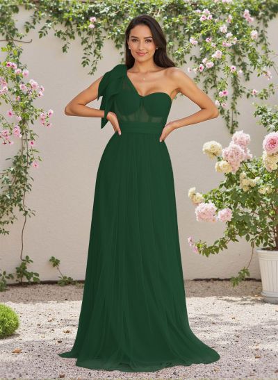 Exquisite A-Line One-Shoulder Chiffon/Tulle Bridesmaid Dresses With Bow(s)