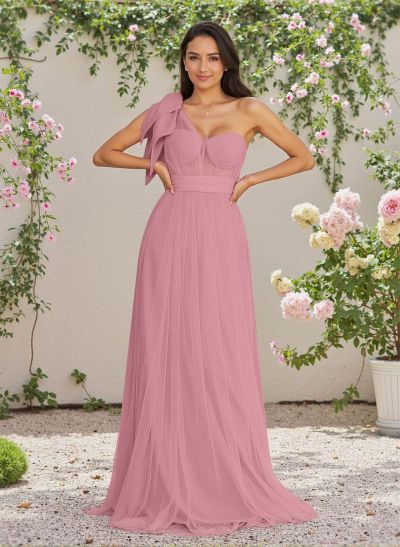 Exquisite A-Line One-Shoulder Chiffon/Tulle Bridesmaid Dresses With Bow(s)
