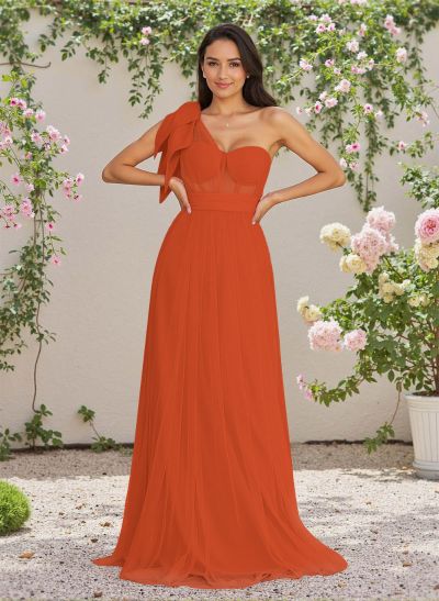 Exquisite A-Line One-Shoulder Chiffon/Tulle Bridesmaid Dresses With Bow(s)
