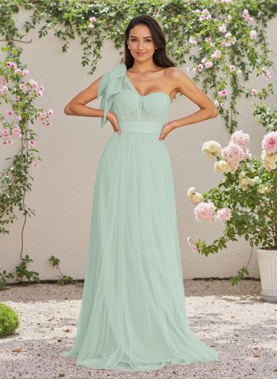 Exquisite A-Line One-Shoulder Chiffon/Tulle Bridesmaid Dresses With Bow(s)