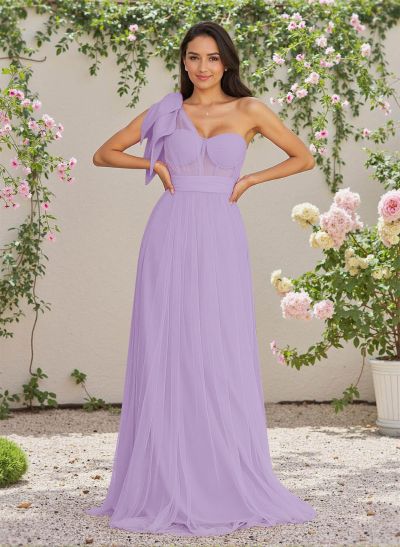Exquisite A-Line One-Shoulder Chiffon/Tulle Bridesmaid Dresses With Bow(s)