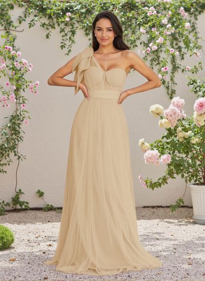 Exquisite A-Line One-Shoulder Chiffon/Tulle Bridesmaid Dresses With Bow(s)