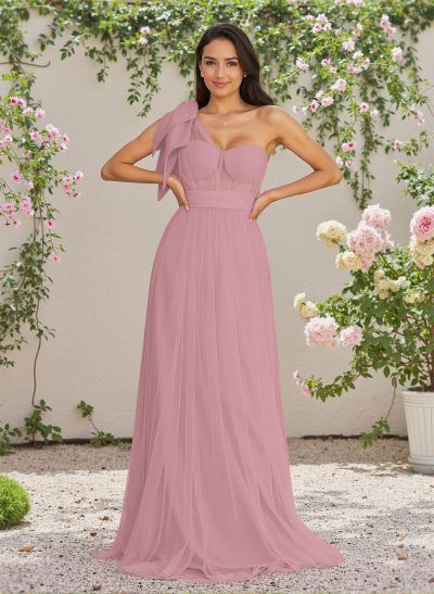 Exquisite A-Line One-Shoulder Chiffon/Tulle Bridesmaid Dresses With Bow(s)
