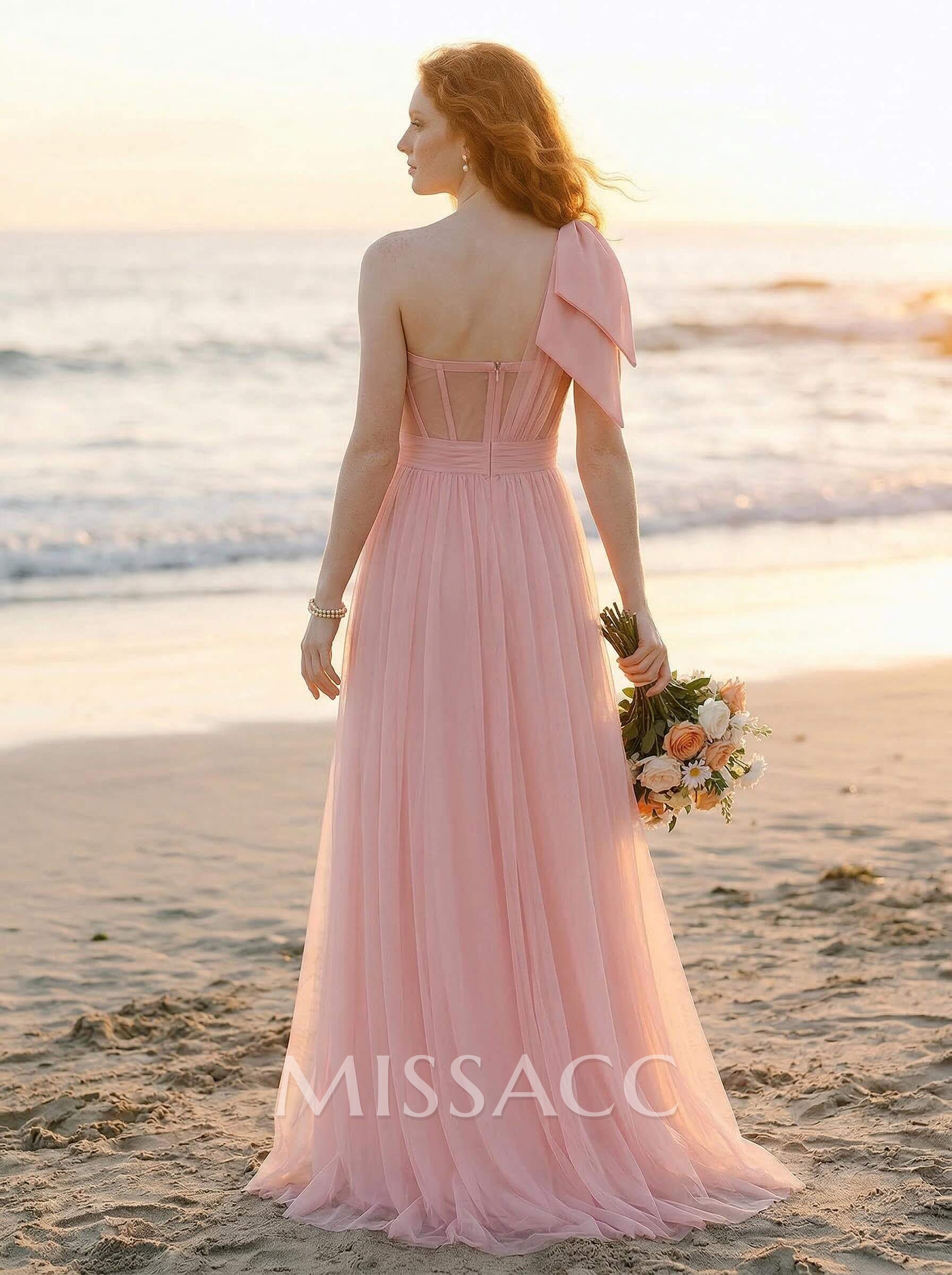 Exquisite A-Line One-Shoulder Chiffon/Tulle Bridesmaid Dresses With Bow(s) Exquisite A-Line One-Shoulder Chiffon/Tulle Bridesmaid Dresses With Bow(s)