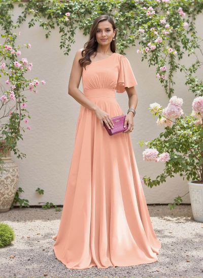 Minimalistic A-Line One-Shoulder Stretch Chiffon Bridesmaid Dresses With Bow(s)