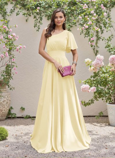 Minimalistic A-Line One-Shoulder Chiffon Bridesmaid Dresses With Bow(s)